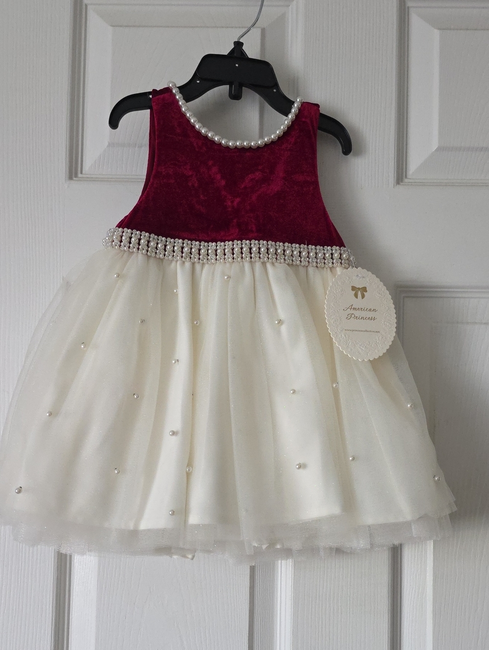 American Princess Burgundy Velvet and Ivory Pearl Trim Dress
